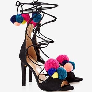 Express lace up pom pom sandals heels